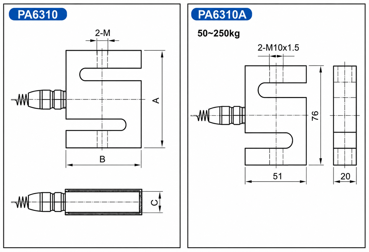 PA6310 S-Type Load Cell Dimension Diagram